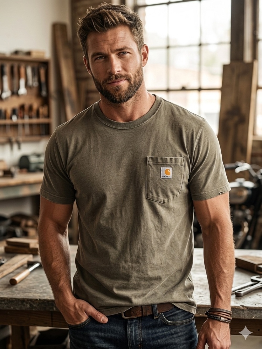 Carhartt Men's Crew Neck Pocket Tee in Olive Green
